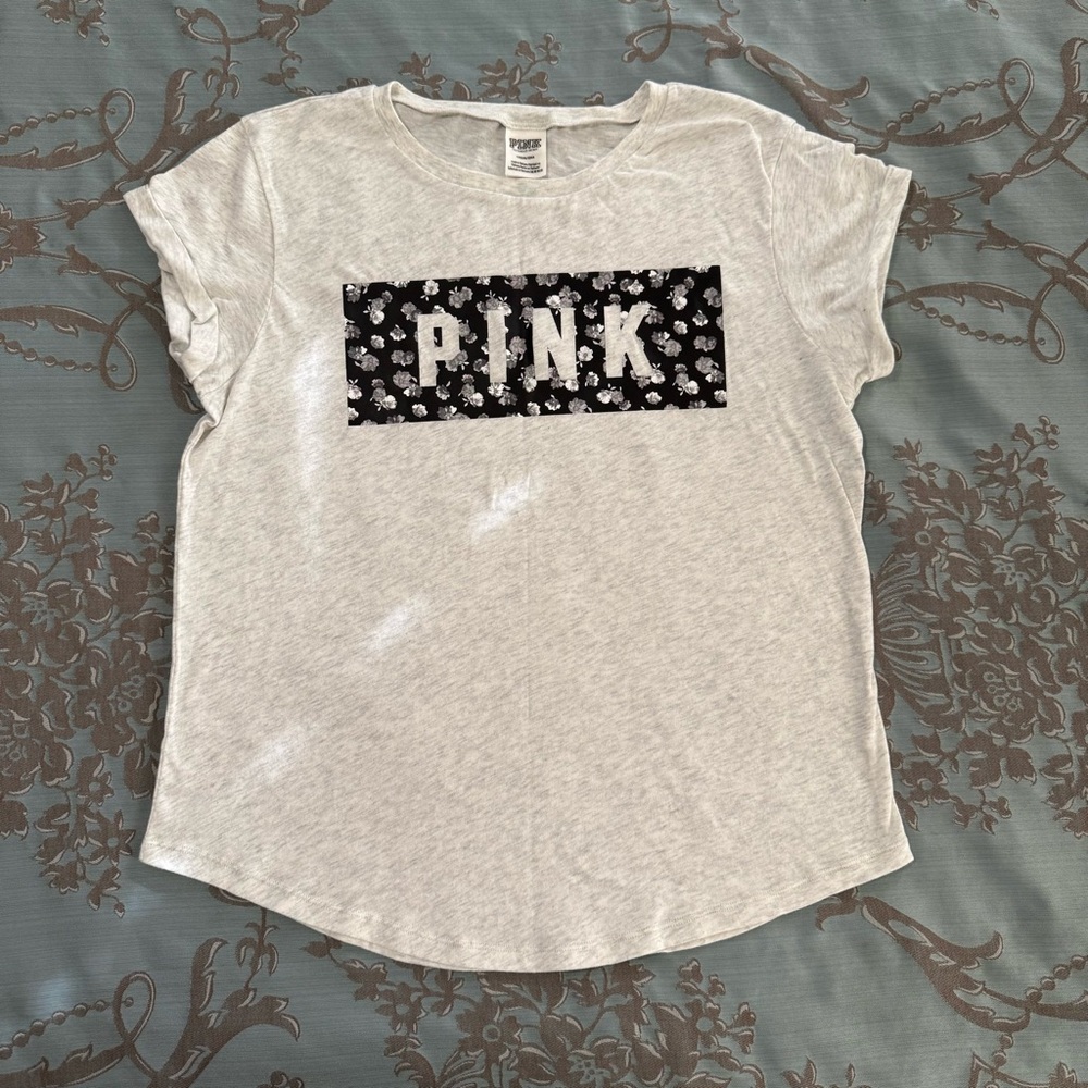 Victoria's Secret PINK Floral Short Sleeve Gray Black Tee Shirt Size Large